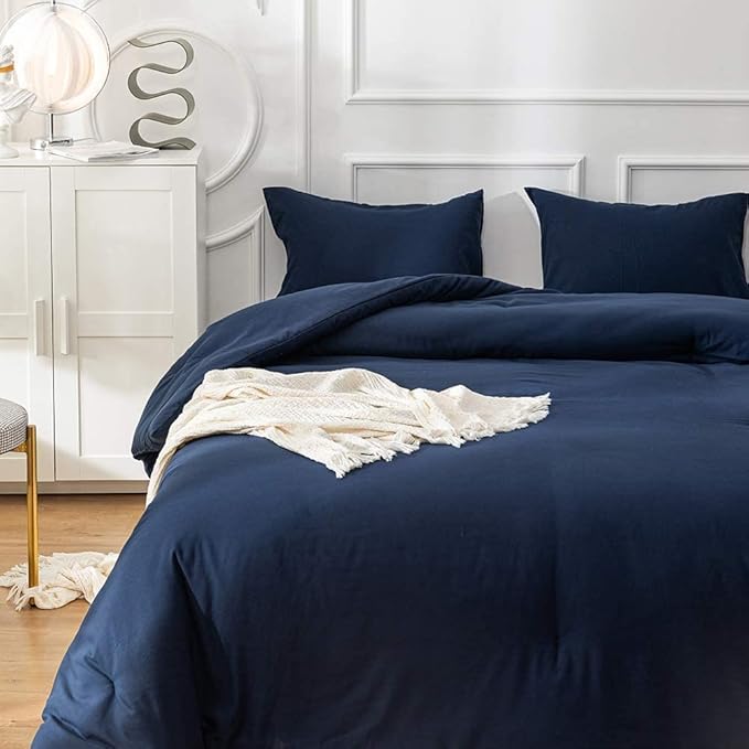 Wellboo Navy Blue Comforter Sets California King Women Men Dark Bedding Comforters Cal Cotton Adults Teens Color Comfy Soft Blankets Classic Deep Quilts Modern Pure Bed, King-104inch*96inch