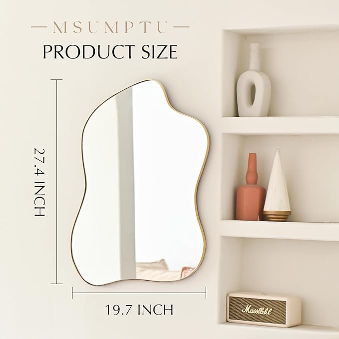 Irregular Wall Mirror Gold Wave Shaped Matel Framed Wall Mirror for Bathroom Bedroom Entryway Living Room Wall Decor 28" L x 20" W 2304Gold