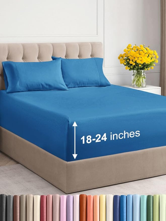 Extra Deep Twin XL Sheet Set - 4 Piece Breathable and Cooling Sheets - Hotel Luxury Bed Sheets Set - Easy Fit - Soft, Wrinkle Free and Comfy Sheets Set - Denim Blue Sheet Set with Extra Deep Pockets