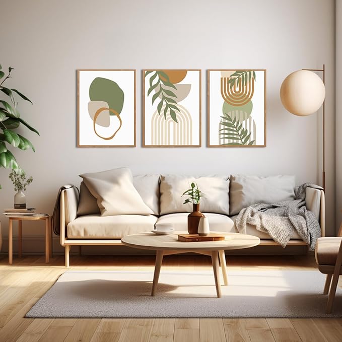 IARTTOP Sage Green Boho Wall Art Framed Abstract Bohemian Canvas Wall Art Mid Century Modern Wall Decor For Living Room Bedroom Office 12x16 Inch Set Of 3