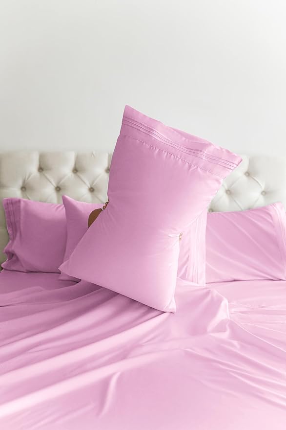 CGK Linens Twin XL 4 Piece Sheet Set - Cooling Sheets for Hot Sleepers - Hotel Luxury Bedding Set with 8-16 Inch Deep Pockets - 1 Flat & 1 Fitted & 2 Pillowcases - Soft and Wrinkle Free - Light Pink