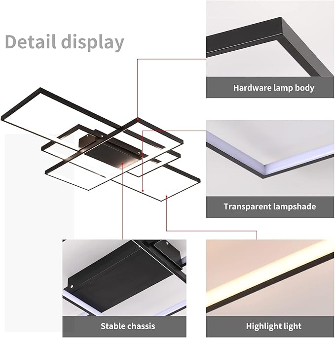 GEADI Modern Large Led Ceiling Light for Living Room,35.4" Black Dimmable Ceiling Lights for Bedroom with Remote Control,3 Rectangular Light Fixtures for Kitchen Dining Room Office, 3000-6500K
