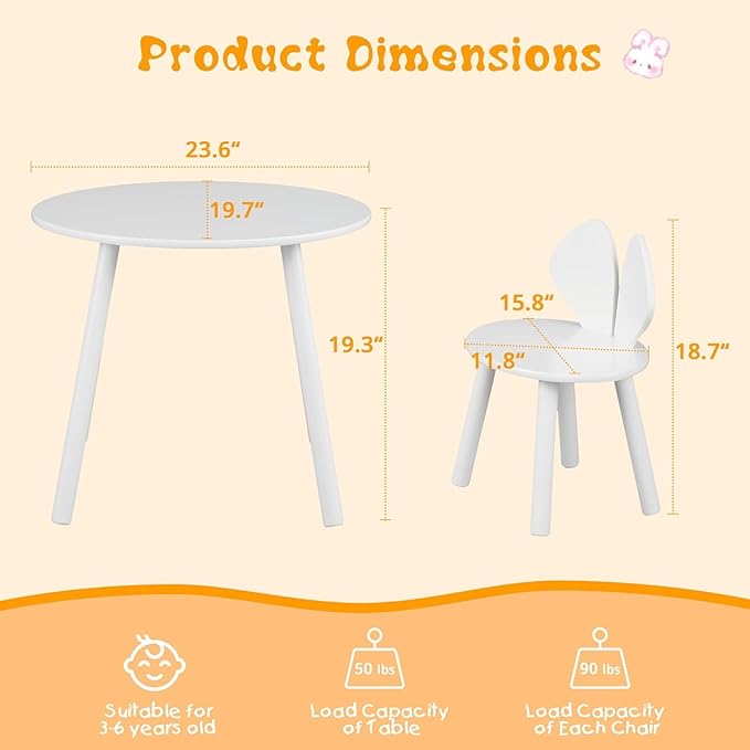 VECELO Kids Table and Chair Set, Oval Table with 2 Bunny Ear Chairs, Perfect for Toddlers Playing and Activities, Snow White