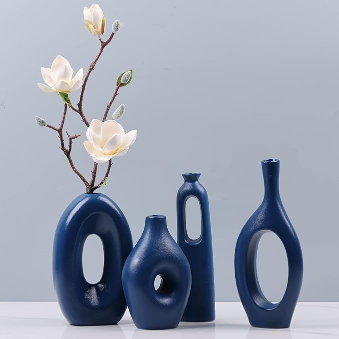 Blue Ceramic Vase Set - Round Hollow Vases for Pampas Grass & Flowers - Modern Minimalist Centerpieces for Living Room, Entryway & Dining Table, Navy Blue Color