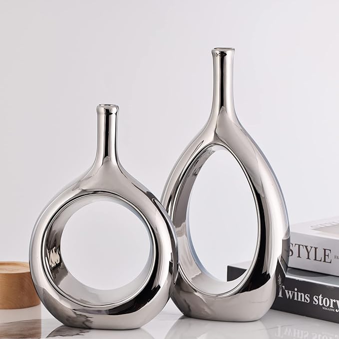 Glossy Silve Ceramic Vase Set 2,Modern Hollow Circle with Hole Flower Vase for Home Decor,for Table Centerpieces,Farmhouse,Fire Place,Living Room,Bedroom,Office,Bookshelf,Rustic Decor