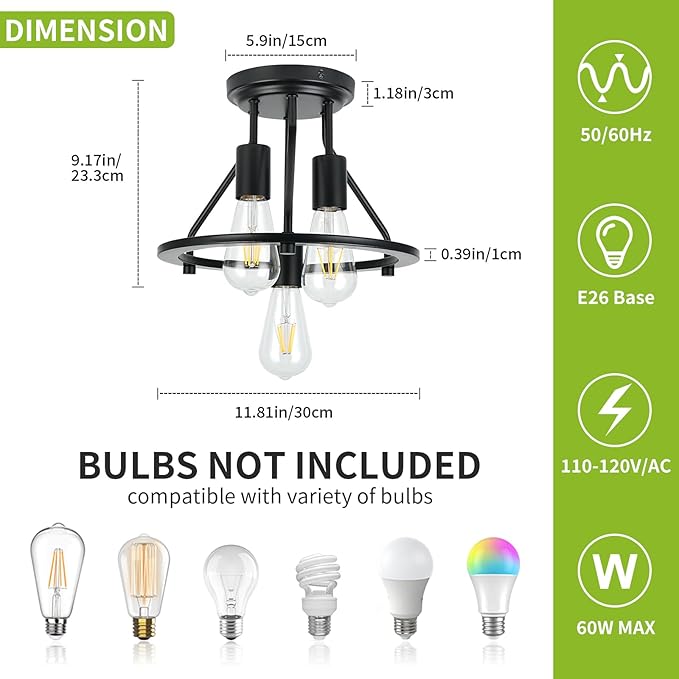 WILON Semi Flush Mount Ceiling Light 3-Light Ceiling Light Fixtures - Black Hallway Light Fixtures Farmhouse Industrial Kitchen Light Fixtures E26 Socket Ceiling Lamp for Foyer