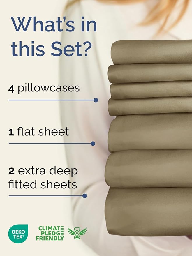 Extra Deep Split King Sheet Set - 7 Piece Breathable & Cooling Sheets - Hotel Luxury Bed Sheets Set - Easy & Secure Fit - Soft, Wrinkle Free & Comfy Sheets Set - Khaki Sheet Set w/Extra Deep Pockets