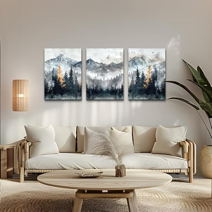 DZRWUBHS Canvas Wall Art Prints Modern Wall Decor for Bedroom Wall Art Living Room Office Poster Mountain Landscape Pictures Foggy Forest Vintage Paintings Artwork Home Decor Ready To Hang 3 Piece