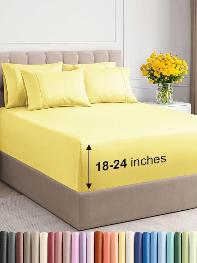 Extra Deep Full Sheet Set - 6 Piece Breathable and Cooling Sheets - Hotel Luxury Bed Sheets Set - Easy & Secure Fit - Soft, Wrinkle Free and Comfy Sheets Set - Yellow Sheet Set with Extra Deep Pockets