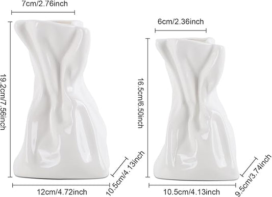 2 PCS Paper Bag Vase, White Ceramic Vase, Irregular Crinkle Flower Vases, Unique Boho Minimalist Art Decorative Vase for Flowers, Modern Home Decor for Room Table Office Wedding Party