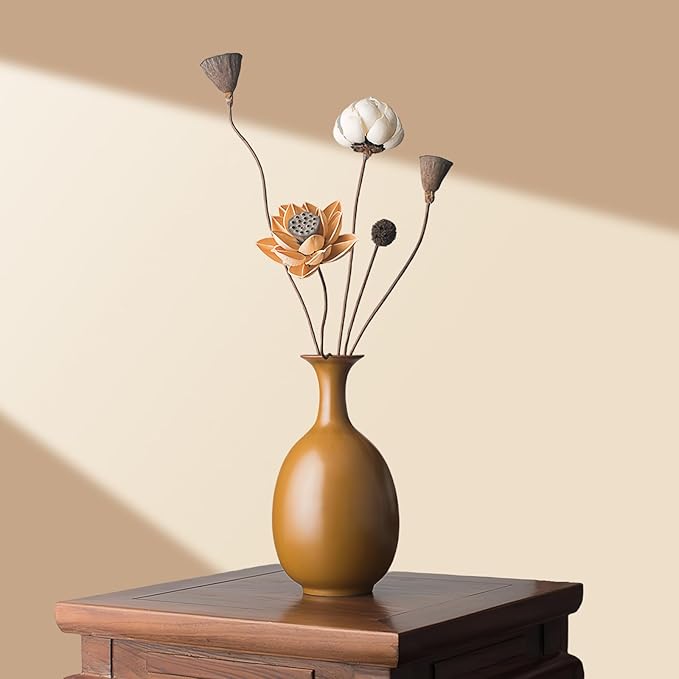 Matte Earth Ceramic Vase with Dried Flowers, Handmade in Jingdezhen, for Modern Home Decor Office Bookshelf Tables Living Room Bedroom Shelf Decor Entryway Dry Flower Arrangement Ornament
