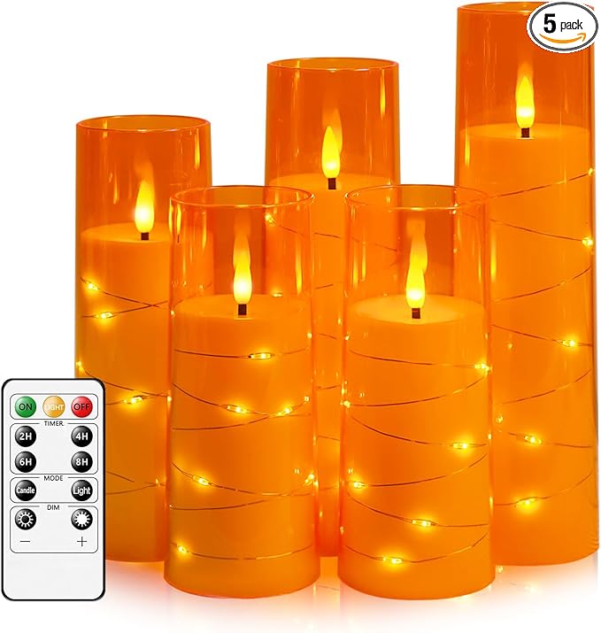 Flameless LED Candles with Timer 5 Pc Flickering Flameless Candles for Romantic Ambiance and Home Decoration Stable Acrylic Shell,with Embedded Star String,Battery Operated Candles(Orange)