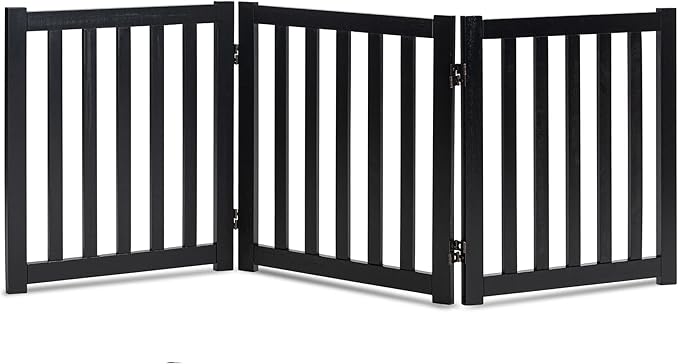 LZRS 3-Panel Wooden Free Standing Foldable Dog Gate – 24" High,Step-Over Safety Pet Gate for Doorways, Stairs, Hallways, Indoor Dog Barrier for Small to Medium Dogs & Puppies, Black