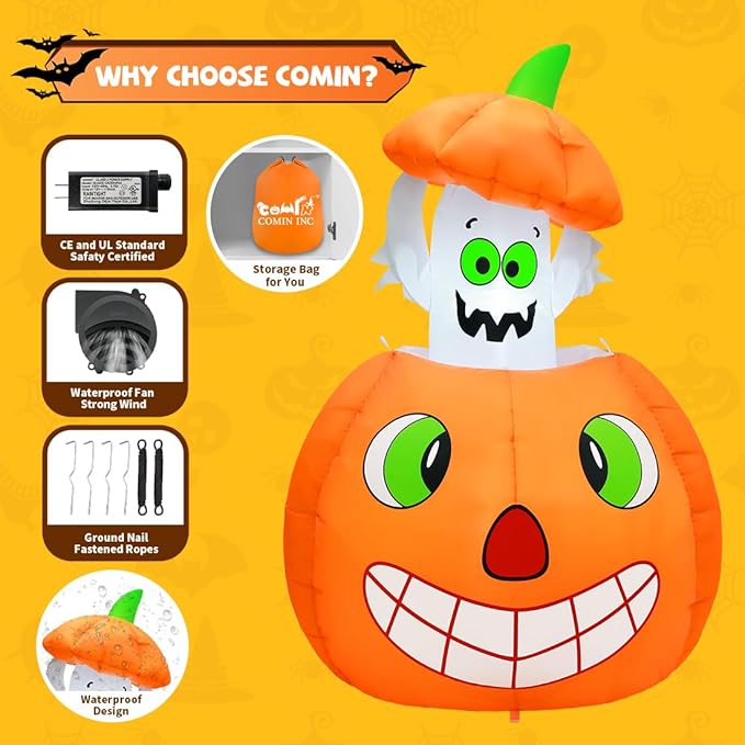COMIN 5 FT Halloween Inflatables Animated Pumpkin Ghost Outdoor Decorations Blow Up Yard with Built-in LEDs for Indoor Party Garden Lawn Decor