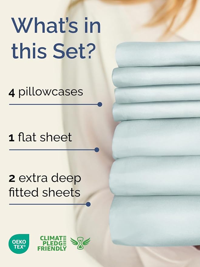 Extra Deep Split King Sheet Set - 7 Piece Breathable and Cooling Sheets - Hotel Luxury Bed Sheets Set - Easy Fit - Soft, Wrinkle Free and Comfy Sheets Set - Ice Blue Sheet Set with Extra Deep Pockets