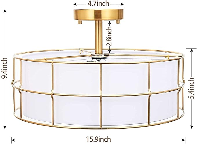 16" Semi Flush Mount Ceiling Light Fixture, 3-Light Golden Metal Mesh Drum Ceiling Light, Modern Close to Ceiling Light Fixtures with White Fabric Shade for Bedroom Living Room Kitchen Hallway