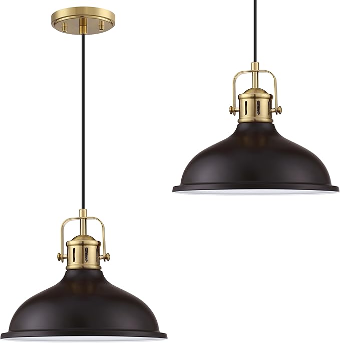 2 Pack 1 Light 12" Pendant Light Industrial Vintage Fixtures Oil Rubbed Bronze Metal Chandelier Light Brushed Bronze Finish,Ceiling Lamp for Kitchen Home Island Dining Room Bedroom Farmhouse