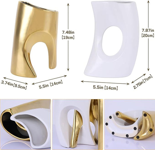 White and Gold Vase Set of 2, Nordic Modern Ins Style Vases, Boho Ceramic Vases for Centerpieces, Mid Century Abstract Donut Vase, Unique Funky Vase for Wedding, Decorative Pampas Grass Vase Decor