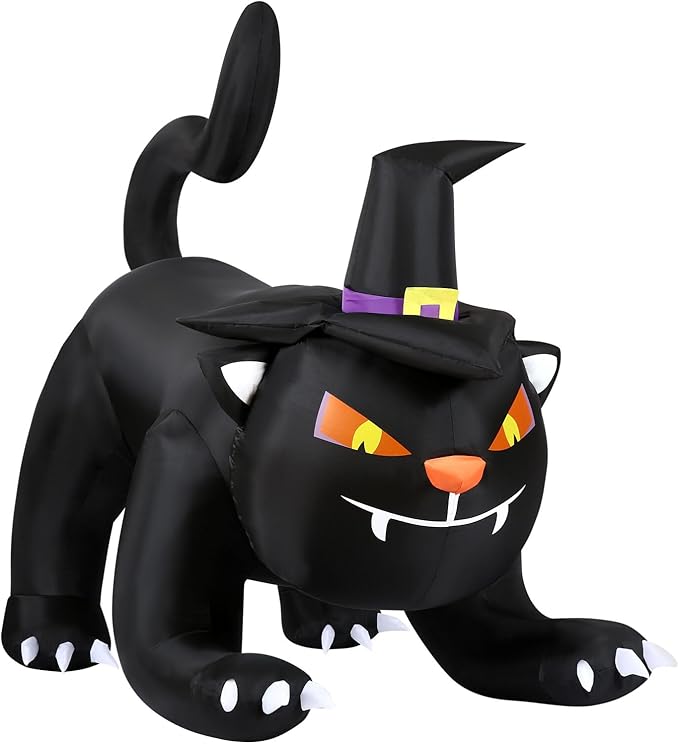 Haunted Hill Farm 6-ft. Wide Black Cat Blow Up with Lights, Outdoor Halloween Inflatable Decoration for Lawn and Yard, Giant Spooky Holiday Decor