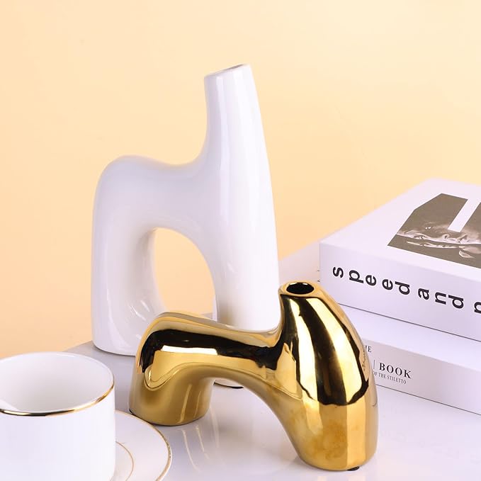 Snuggle Hollow Ceramic Vase Set of 2,Funky White and Gold Vases for Centerpieces Table Decorations,Gold Vases for Centerpieces,Modern Flower Vase for Tables Living Room,Unique Vase