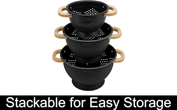 Metal Colander with Wood Handle | Set of 3 with Bamboo Handles | 1.5Q, 3Q, 5Q (Black Sesame Seed)
