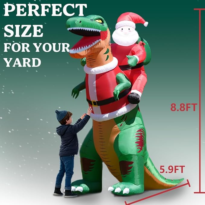GARIG 9FT Christmas Inflatables Dinosaur and Santa Claus Outdoor Decorations, Christmas Blow Up Yard Decorations with Built-in LEDs for Xmax Outdoor Party, Yard, Garden