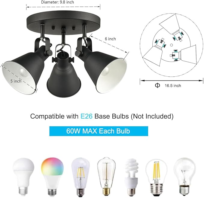 DIRYZON EUL Multi-Directional Ceiling Spot Light,Adjustable Round Track Lighting,Industrial Semi Flush Mount Ceiling Light Fixtures for Bedroom Hallway Matte Black-3 Light
