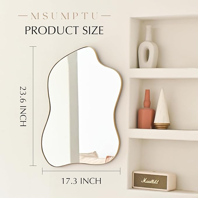 Irregular Wall Mirror Gold Wave Shaped Matel Framed Wall Mirror for Bathroom Bedroom Entryway Living Room Wall Decor 24" L x 18" W 2305Gold