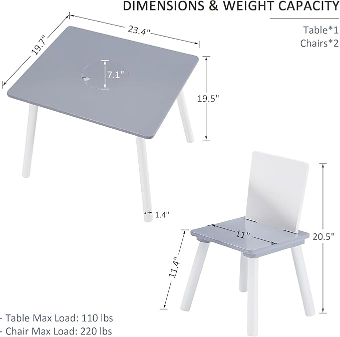 VECELO Activity Table and 2 Chair Set with Hidden Mesh Storage, Durable Playroom Furniture, Modern Design, Easy Assembly, Grey