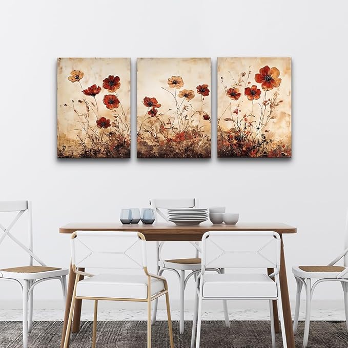 DZRWUBHS Boho Living Room Wall Art Prints Minimalist Wall Decor For Bedroom Vintage Flowers Pictures Office Decorations Bathroom Plant Canvas Painting Modern Home Decor Artwork 3 Piece Ready To Hang
