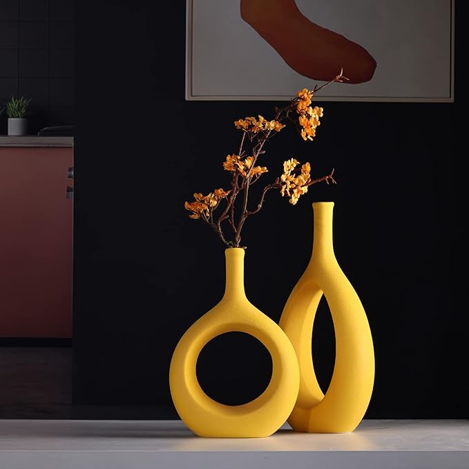 Yellow Ceramic Vase Set 2,Modern Hollow Circle with Hole Flower Vase for Home Decor,for Table Centerpieces,Farmhouse,Fire Place,Living Room,Bedroom,Office,Bookshelf,Rustic Decor