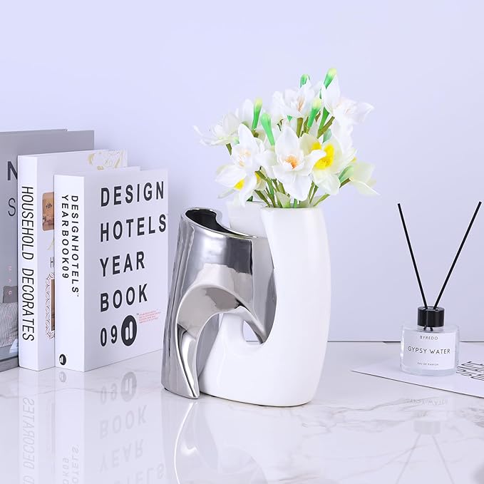 White and Silver Vase Set of 2, Nordic Modern Ins Style Vases, Boho Ceramic Vases for Centerpieces, Mid Century Abstract Donut Vase, Unique Funky Vase for Wedding, Decorative Pampas Grass Vase Decor