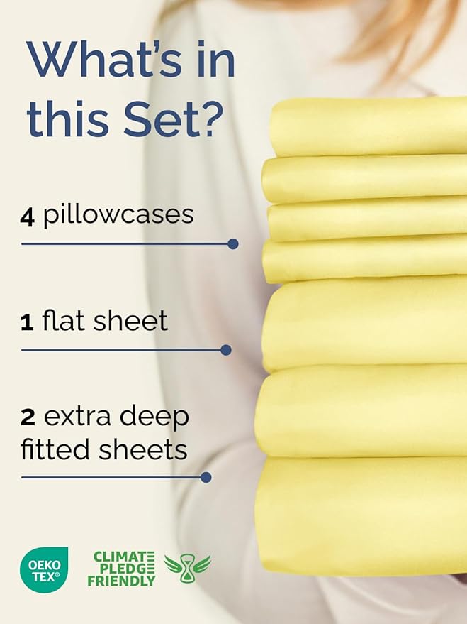 Extra Deep Split King Sheet Set - 7 Piece Breathable and Cooling Sheets - Hotel Luxury Bed Sheets Set - Easy Fit - Soft, Wrinkle Free and Comfy Sheets Set - Yellow Sheet Set with Extra Deep Pockets