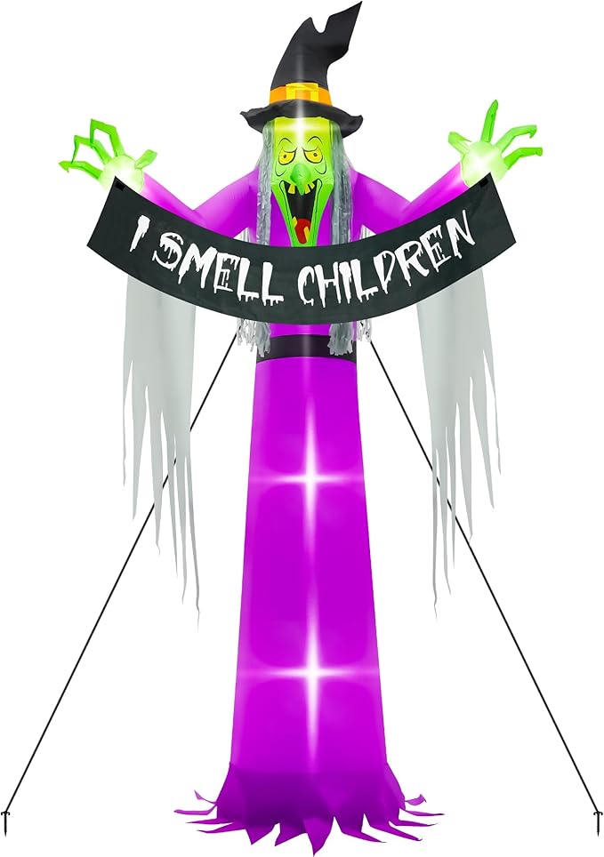 13FT Halloween Outdoor Inflatables, Scary Blow Up Witch Holding I Smell Children Banner, Pre-lit Witch Inflatables Decor, Giant Halloween Outdoor Decorations for Party Garden Lawn