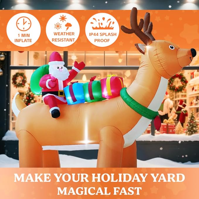 GARIG 10FT Christmas Inflatables Reindeer and Santa Claus Outdoor Decorations, Christmas Blow Up Yard Decorations with Built-in LEDs for Xmax Outdoor Party, Yard, Garden