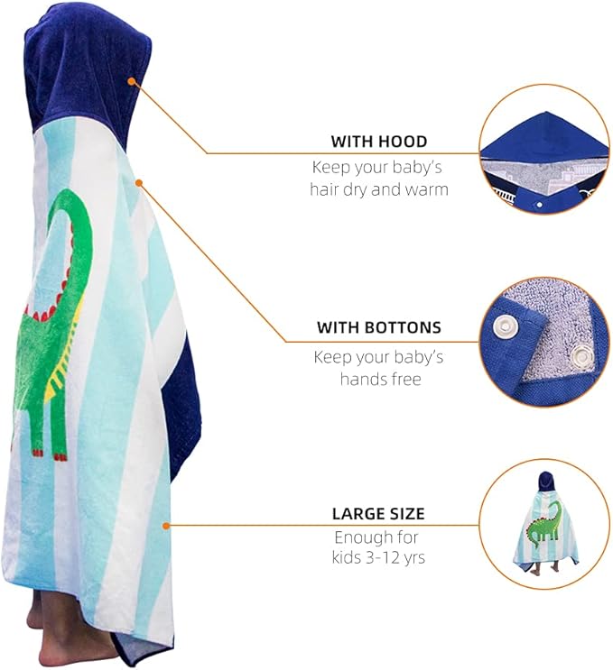 BANGSAUR Kids Hooded Beach Bath Towels, 100% Cotton 50"x30" Wrap Towel, Toddlers Boys 3-12 Years Coverup Towel Shark with Knife and Fork