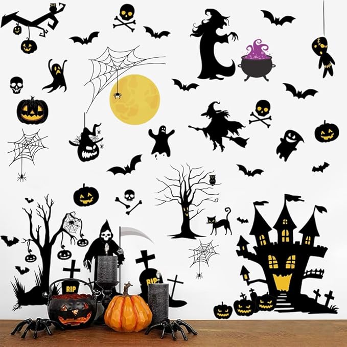 Halloween Witch Wall Decals Halloween Moon Bat Wall Stickers Happy Halloween Wall Decor Peel and Stick Vinyl Bat Ghost Spider Pumpkin Wall Art for Halloween Party Supplies.