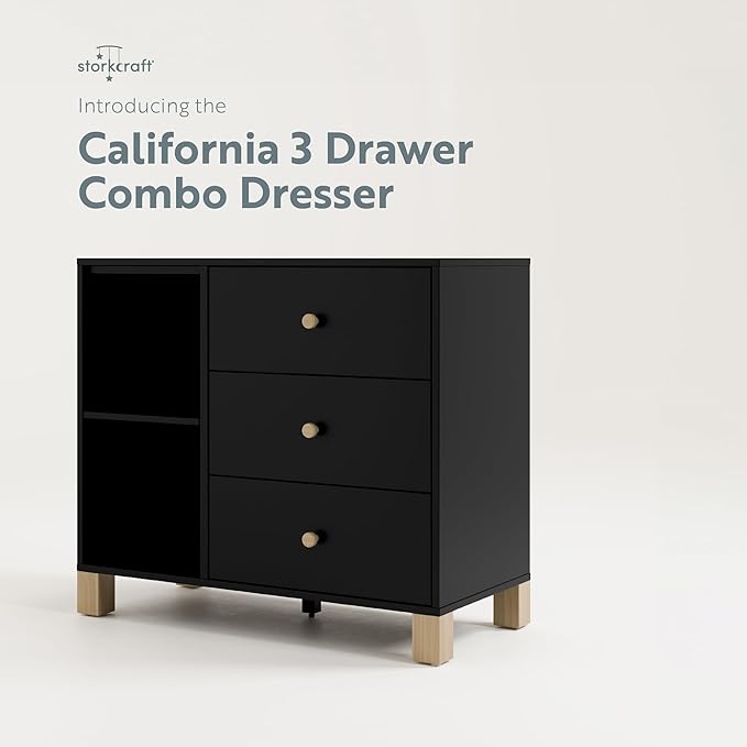 Storkcraft California 3 Drawer Combo Dresser (Black with Driftwood) – GREENGUARD Gold Certified, Interlocking Drawer System, Pre-Installed Drawer Tracks for Easier Assembly, Spacious Cabinet