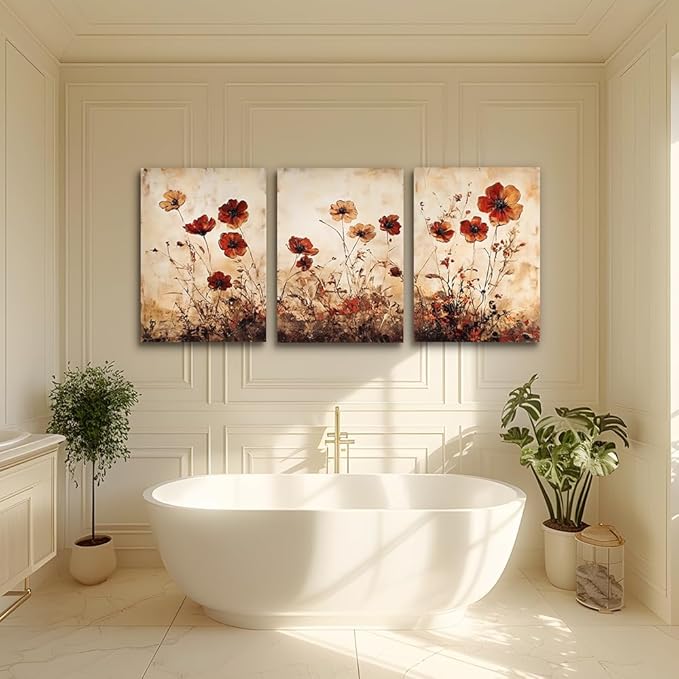 DZRWUBHS Boho Living Room Wall Art Prints Minimalist Wall Decor For Bedroom Vintage Flowers Pictures Office Decorations Bathroom Plant Canvas Painting Modern Home Decor Artwork 3 Piece Ready To Hang