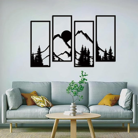 ruelen 4 Pcs Metal Sunset Mountain Forest Wall Decor, Abstract Minimalist Line Drawing Large Mountains Wall Art Home Decor for Living Room Bathroom Bedroom Office Indoor And Outdoor (Black, Large)