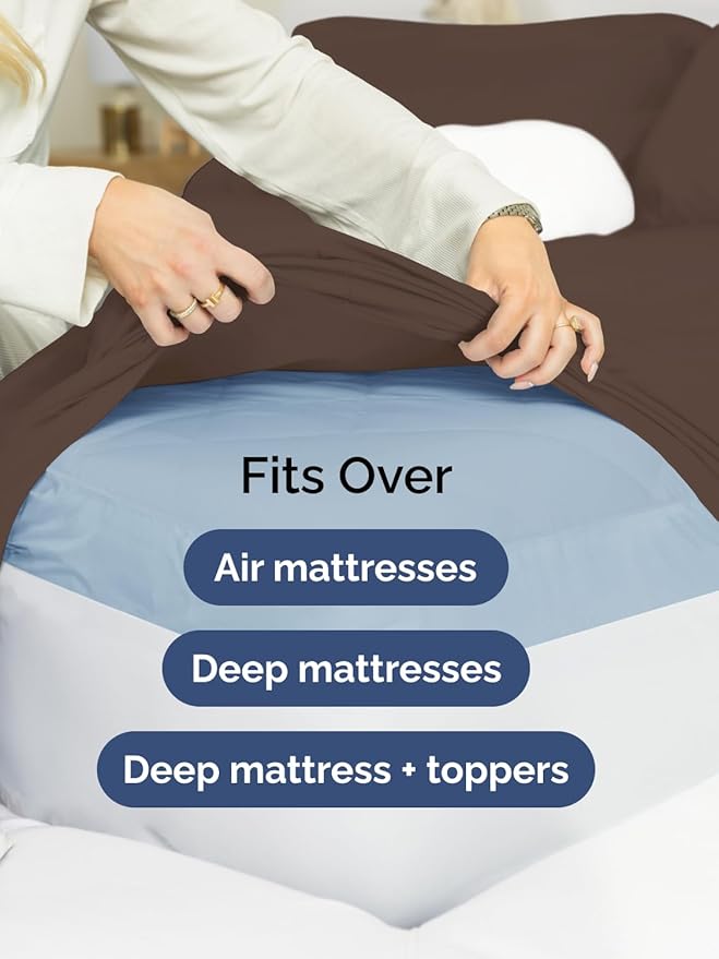 Extra Deep Split King Sheet Set - 7 Piece Breathable & Cooling Sheets - Hotel Luxury Bed Sheets Set - Easy & Secure Fit - Soft, Wrinkle Free & Comfy Sheets Set - Brown Sheet Set w/Extra Deep Pockets