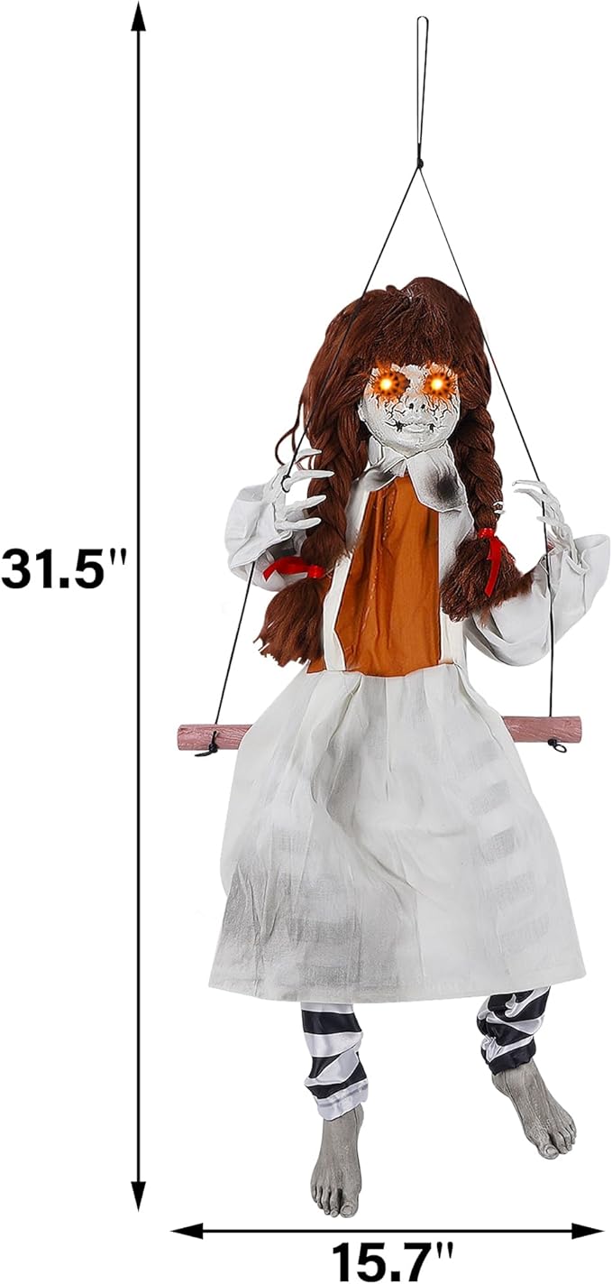 Prsildan Halloween Decorations Outdoor Hanging Swing Girl, Scary Animatronic Decor Life-Size Halloween Props with Creepy Sounds Motion for Outside Indoor Yard Trees