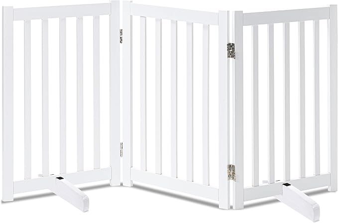 LZRS Solid Hardwood Freestanding Pet Gate,Wooden Dog Gates for Doorways,Nature Wood Dog Gates for The House,Dog Gate for Stairs,Freestanding Indoor Gate Safety Fence,White,30" Height-3 Panels