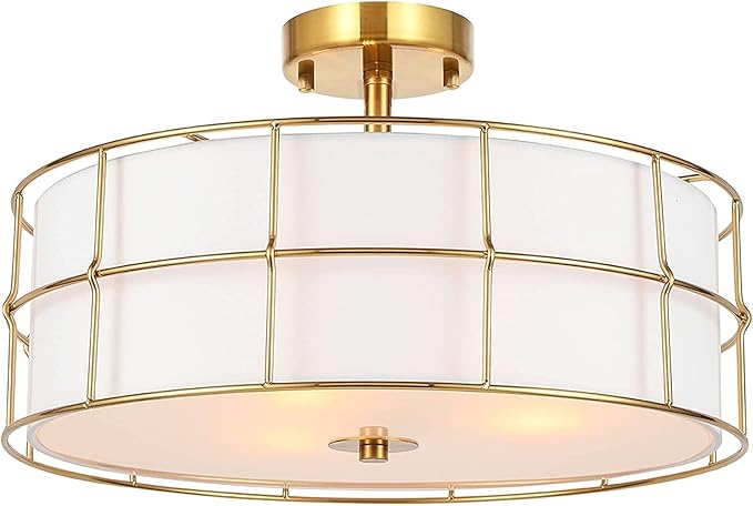 16" Semi Flush Mount Ceiling Light Fixture, 3-Light Golden Metal Mesh Drum Ceiling Light, Modern Close to Ceiling Light Fixtures with White Fabric Shade for Bedroom Living Room Kitchen Hallway