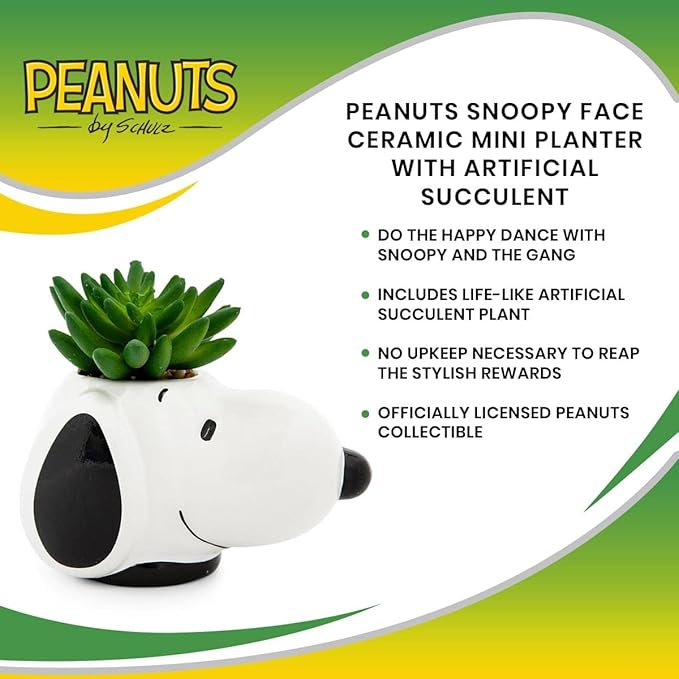 Peanuts Snoopy Face Ceramic Mini Planter with Artificial Succulent | Small Flower Pot, Faux Indoor Plants for Desk Shelf, Home Decor Trinket Tray | Cute Charlie Brown Gifts and Collectibles