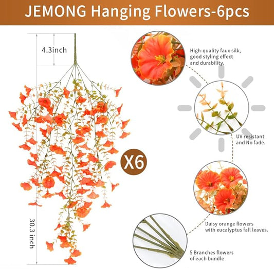 Artificial Fall Flowers for Outdoors Fake Hanging Decoration, 6Pcs Orange Autumn Decor, Realistic Artificial Fall Plants, UV & Fading Resistant Silk Flower for Porch Patio Balcony Planter Yard (Fall)