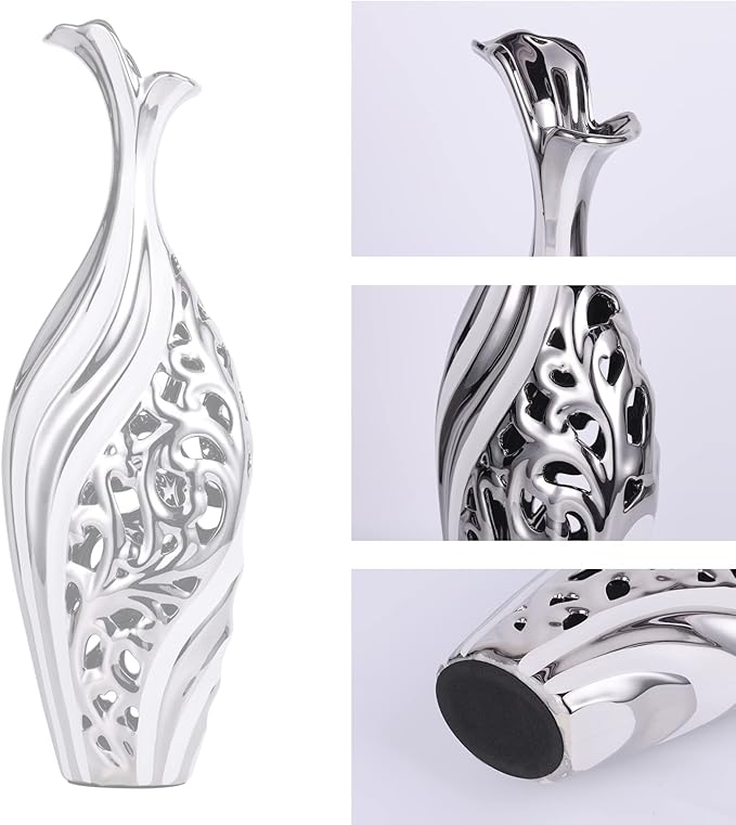 19 inch Floor Standing Large vase, Silver White Ceramic vase, Hollowed Out Large vase, Unique Pampas Grass vase Suitable for Living Room Floor, Home Office, Porch Home Center Decorative Large vase