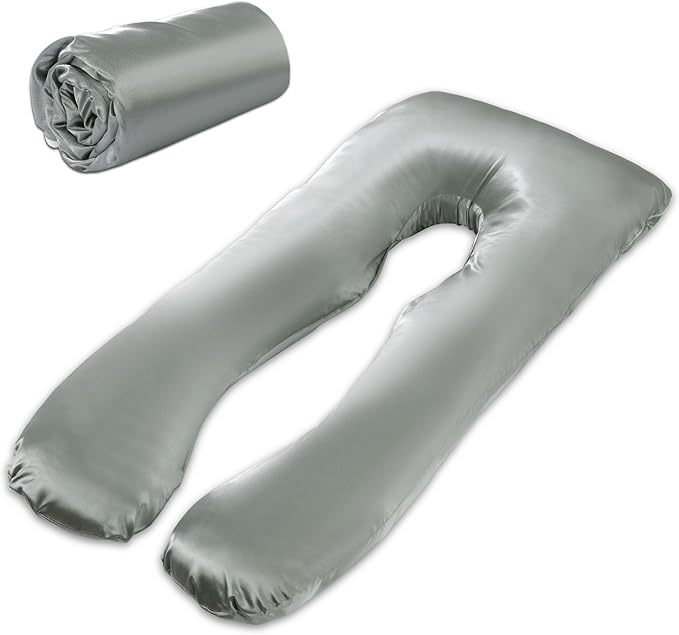 HOMBYS Silky Satin Pregnancy Pillow Cover (ONLY Pillowcase), Luxurious Smooth Maternity Pillow Cover, U Shaped Soft & Breathable Large Pillow Protector for Side Sleeper, 60.8" L x 31.5" W, Dark Grey