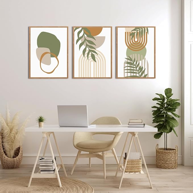 IARTTOP Sage Green Boho Wall Art Framed Abstract Bohemian Canvas Wall Art Mid Century Modern Wall Decor For Living Room Bedroom Office 12x16 Inch Set Of 3