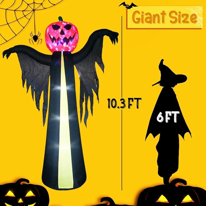 10.3Ft Halloween Inflatable Pumpkin Ghost, Halloween Blow Up Yard Decoration with LED Lights and Scary Sound for Halloween Outdoor Decoration, Giant Inflatables Ghost Yard Prop